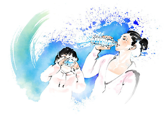 PSD 여자 어린이 일러스트 캘리그라피 붓터치 사람 상반신 성인 두명 운동 물병 번짐 후드티셔츠 물마시기 국내일러스트 티셔츠 건강 마시기 물통 파일형식 효과