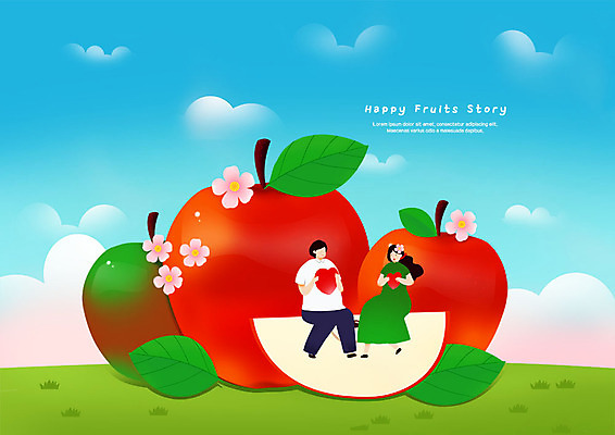 전신 PSD 구름 커플 여자 남자 잎 과일 일러스트 하늘 들기 사람 앉기 초원 성인 두명 하트 사과 사과꽃 사과반쪽 국내일러스트 자연요소 모양 식물 꽃 관계 모션 파일형식