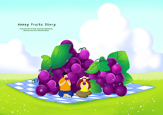 전신 PSD 구름 커플 여자 남자 잎 과일 일러스트 포도 사람 앉기 초원 성인 두명 먹기 돗자리 포도송이 국내일러스트 자연요소 식물 관계 모션 파일형식