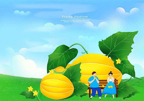 전신 PSD 구름 커플 여자 남자 꽃 잎 벤치 과일 일러스트 하늘 사람 앉기 잔디 성인 두명 먹기 참외 참외밭 국내일러스트 자연요소 식물 밭 의자 관계 모션 파일형식