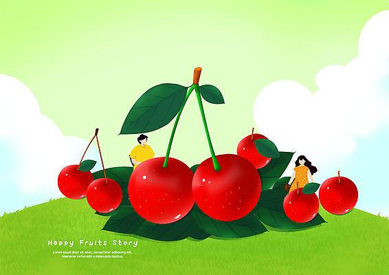 PSD 구름 커플 여자 남자 잎 과일 일러스트 사람 잔디 상반신 성인 두명 체리 국내일러스트 자연요소 식물 관계 파일형식