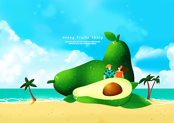 PSD 구름 커플 여자 남자 바다 과일 일러스트 하늘 사람 상반신 성인 해변 두명 야자수 아보카도 국내일러스트 자연요소 나무 관계 파일형식