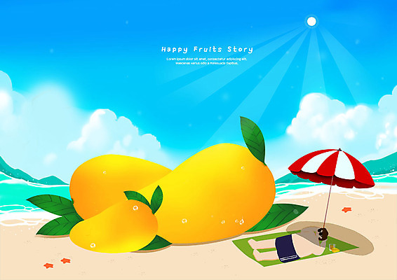 전신 PSD 구름 남자 바다 잎 과일 일러스트 하늘 불가사리 한명 사람 성인 해변 눕기 태양 여러개 파라솔 선탠 망고 국내일러스트 자연요소 식물 1 다수 모션 극피동물 열대과일 파일형식