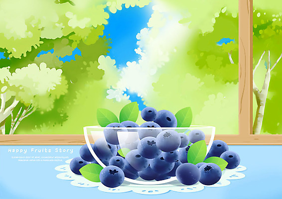PSD 나무 그릇 잎 과일 일러스트 창문 하늘 사람없음 숲 창가 블루베리 국내일러스트 식물 식기 파일형식