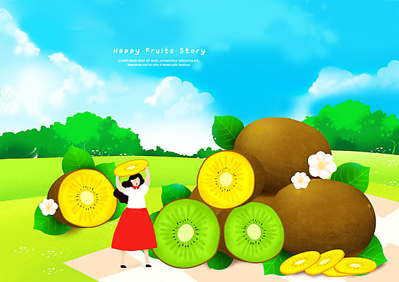 전신 PSD 나무 구름 여자 꽃 과일 일러스트 하늘 나뭇잎 키위 한명 들기 사람 초원 성인 슬라이스 국내일러스트 자연요소 식물 1 잎 모션 파일형식