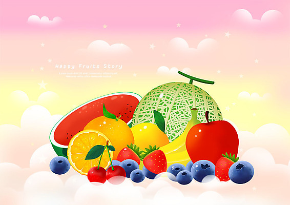 PSD 구름 별 오렌지 과일 일러스트 딸기 수박 바나나 사람없음 체리 사과 멜론 블루베리 국내일러스트 자연요소 파일형식