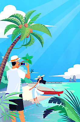 전신 구름 커플 응시 여자 남자 바다 여행 일러스트 하늘 사람 성인 해변 두명 여름 여름휴가 바캉스 스마트폰 야자수 사진촬영 보트 열대잎 챙모자 국내일러스트 AI파일 자연요소 나무 모자_잡화 시선 계절 잎 배_교통 관계 휴가 핸드폰 스마트기기 촬영 파일형식 벡터 여름_계절