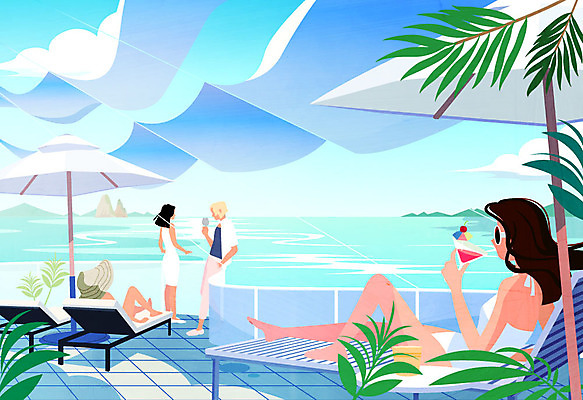 전신 커플 여자 남자 바다 일러스트 나뭇잎 사람 앉기 여러명 성인 여름 선글라스 마시기 파라솔 칵테일 휴양지 선베드 천막 야외테라스 국내일러스트 AI파일 계절 안경 다수 잎 의자 관계 모션 주류 장소 발코니 파일형식 벡터