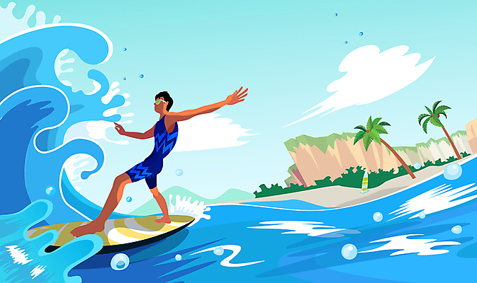 전신 구름 남자 수영복 파도 바다 포즈 일러스트 하늘 팔벌리기 한명 사람 성인 여름 야자수 절벽 물방울 서핑보드 즐거움 얼굴없음 국내일러스트 AI파일 자연요소 나무 1 옷 계절 감정 모션 보드_스포츠 파일형식 벡터