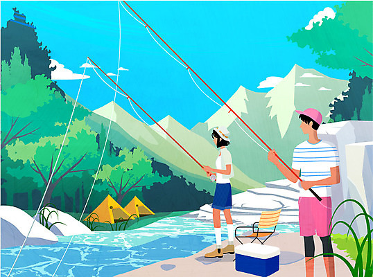 전신 나무 여자 남자 일러스트 낚시 산 텐트 사람 초원 성인 두명 여름 강 계곡 캠핑 낚싯대 숲속 아이스박스 야외의자 얼굴없음 국내일러스트 AI파일 식물 계절 의자 레저 캠핑도구 낚시용품 숲 파일형식 벡터