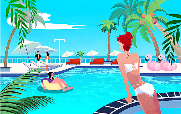 전신 구름 커플 여자 남자 수영복 일러스트 물놀이 하늘 수영장 사람 여러명 성인 여름 야자수 마주보기 파라솔 휴양지 선베드 튜브 국내일러스트 AI파일 자연요소 나무 옷 계절 다수 의자 관계 모션 놀이 장소 파일형식 벡터