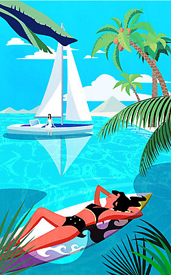 전신 구름 여자 수영복 바다 요트 일러스트 하늘 휴식 미소 사람 앉기 성인 해변 두명 여름 야자수 눕기 서핑보드 팔베개 열대잎 얼굴없음 국내일러스트 AI파일 자연요소 나무 옷 계절 컨셉 잎 배_교통 모션 표정 보드_스포츠 파일형식 벡터