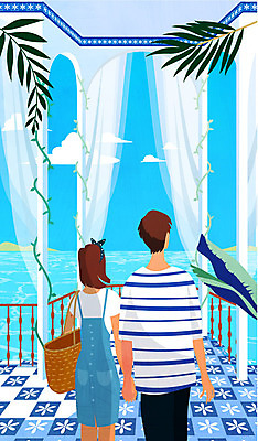 커플 응시 여자 남자 바다 일러스트 호텔 서기 사람 상반신 성인 두명 여름 관광지 손잡기 나뭇가지 휴양지 비치백 야외테라스 열대잎 국내일러스트 AI파일 나무 시선 계절 여행 잎 관계 모션 숙소 장소 발코니 파일형식 벡터 가방_잡화