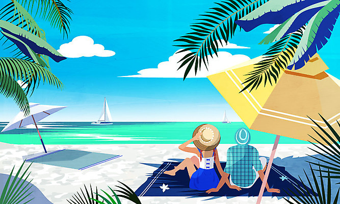 전신 구름 여자 남자 바다 일러스트 하늘 사람 앉기 성인 해변 두명 여름 야자수 잡기 파라솔 돗자리 열대잎 챙모자 국내일러스트 AI파일 자연요소 나무 모자_잡화 계절 잎 모션 파일형식 벡터