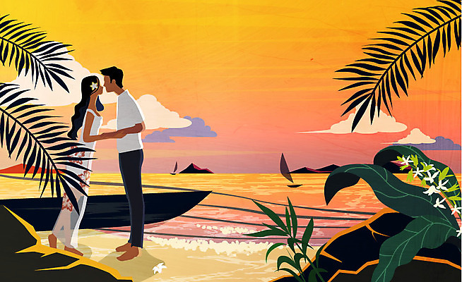 전신 구름 커플 여자 남자 꽃 바다 일러스트 키스 사랑 사람 성인 해변 두명 여름 야자수 마주보기 손잡기 일몰 바위 보트 열대잎 국내일러스트 AI파일 자연요소 나무 식물 계절 감정 잎 배_교통 관계 모션 노을 돌_바위 애정표현 파일형식 벡터