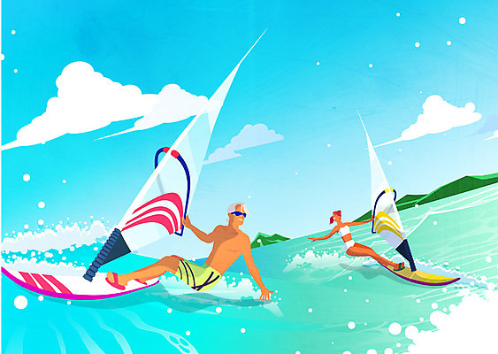 전신 구름 여자 남자 수영복 파도 바다 섬 일러스트 하늘 사람 성인 두명 여름 윈드서핑 즐거움 국내일러스트 AI파일 자연요소 옷 계절 감정 수상스포츠 파일형식 벡터