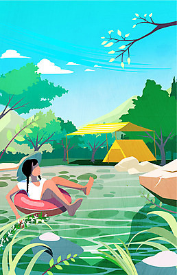 전신 나무 여자 일러스트 자연 물놀이 산 텐트 한명 사람 성인 야외 여름 강 계곡 캠핑 들꽃 숲속 들풀 튜브 국내일러스트 AI파일 식물 1 계절 꽃 놀이 레저 캠핑도구 숲 생태계 파일형식 벡터