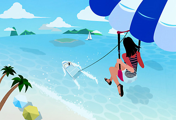 전신 여자 바다 섬 요트 일러스트 한명 사람 성인 해변 여름 야자수 비행 수상스포츠 파라솔 체험 패러세일링 국내일러스트 AI파일 나무 1 계절 스포츠 컨셉 배_교통 레포츠 파일형식 벡터