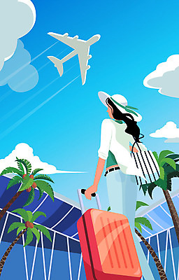 전신 구름 여자 해외여행 여행 일러스트 하늘 비행기 한명 사람 성인 여름 관광지 여름휴가 바캉스 야자수 캐리어 휴양지 비치백 챙모자 국내일러스트 AI파일 자연요소 나무 모자_잡화 1 해외 계절 항공교통 휴가 대중교통 여행가방 장소 파일형식 벡터 여름_계절 가방_잡화