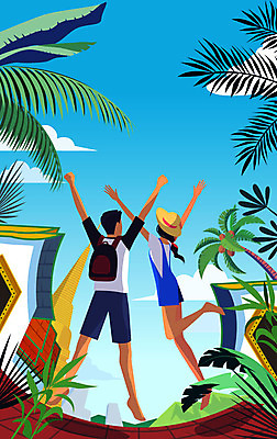 전신 구름 건축물 커플 여자 남자 해외여행 여행 고건축 일러스트 배낭 해외건축 사람 성인 두명 여름 야자수 손들기 점프 풀잎 즐거움 국내일러스트 AI파일 자연요소 나무 해외 계절 건축 감정 잎 가방 관계 모션 풀_식물 파일형식 벡터