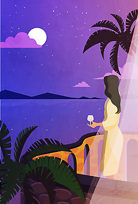 구름 응시 여자 별 바다 섬 야경 와인잔 일러스트 한명 서기 들기 사람 상반신 성인 여름 야자수 달 커튼 야외테라스 여름밤 국내일러스트 AI파일 자연요소 나무 1 시선 계절 술잔 모션 발코니 야간 파일형식 벡터 풍경_경치
