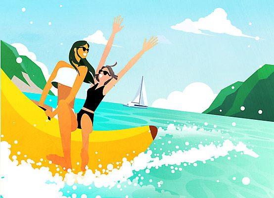 전신 구름 여자 수영복 바다 요트 일러스트 사람 성인 두명 여름 선글라스 손들기 암벽 즐거움 물보라 바나나보트 국내일러스트 AI파일 자연요소 옷 계절 감정 안경 배_교통 모션 물 보트 파일형식 벡터