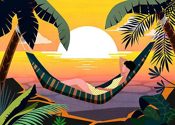 전신 여자 바다 일러스트 나뭇잎 한명 사람 성인 여름 야자수 눕기 태양 노을 풀잎 암벽 해먹 팔베개 국내일러스트 AI파일 자연요소 나무 1 계절 잎 모션 침대 풀_식물 파일형식 벡터