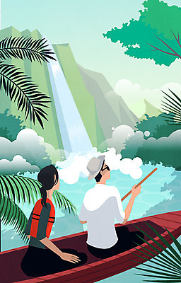 전신 나무 여자 남자 일러스트 나뭇잎 사람 앉기 성인 두명 여름 선글라스 절벽 폭포 탐험 카약 구명조끼 챙모자 국내일러스트 AI파일 식물 모자_잡화 계절 안경 잎 모션 자연 수상스포츠 구조용품 파일형식 벡터