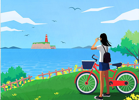 전신 나무 구름 여자 바다 여러마리 일러스트 갈매기 등대 한명 서기 사람 초원 성인 여름 스마트폰 자전거 사진촬영 들꽃 국내일러스트 AI파일 자연요소 식물 1 계절 꽃 다수 모션 조류 핸드폰 스마트기기 바이크 촬영 파일형식 벡터