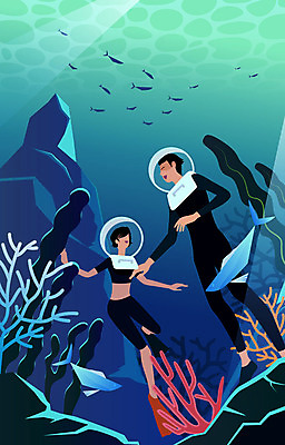 전신 커플 여자 남자 여러마리 일러스트 어류 사람 성인 두명 여름 바닷속 산호초 암벽 잠수 즐거움 잠수복 얼굴없음 국내일러스트 AI파일 옷 계절 감정 다수 관계 수중 수중동물 수중식물 파일형식 벡터
