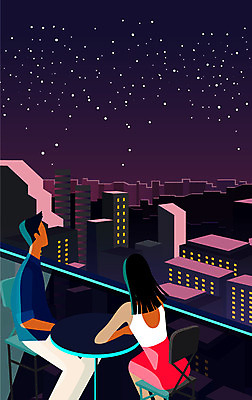 커플 응시 여자 남자 별 야경 일러스트 사람 빌딩 상반신 성인 두명 여름 도심 야외테라스 야외테이블 여름밤 얼굴없음 국내일러스트 AI파일 자연요소 시선 계절 관계 탁자 건물 발코니 도시 야간 파일형식 벡터 풍경_경치