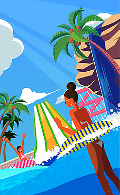 전신 구름 여자 수영복 파도 일러스트 사람 성인 두명 여름 야자수 손들기 암벽 즐거움 튜브 워터슬라이드 워터파크 국내일러스트 AI파일 자연요소 나무 옷 계절 감정 바다 모션 수영장 파일형식 벡터