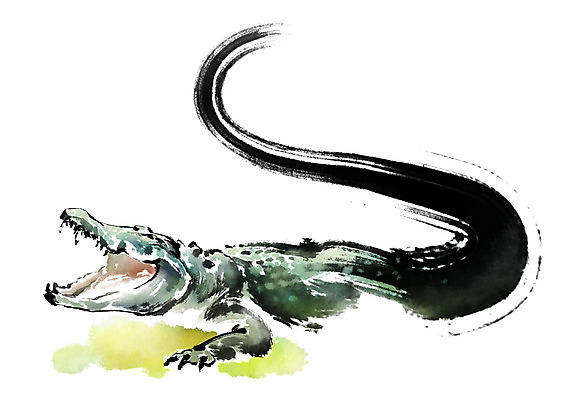 PSD 동물 한마리 일러스트 캘리그라피 붓터치 입벌림 사람없음 번짐 악어 국내일러스트 1 파충류 표정 파일형식 효과