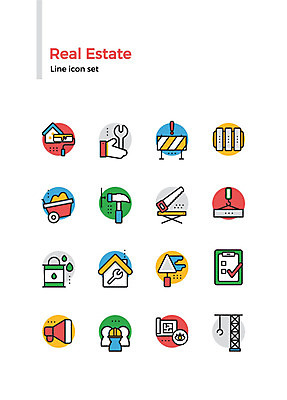 아이콘 건축 부동산 주택 건설업 사람모양 사람없음 세트 확성기 카트 설계도 공구 수리 망치 안전모 라인아이콘 체크표시 기중기 문서 톱 페인트롤러 미장도구 안전바 2D아이콘 AI파일 모양 산업 건물 도구 중장비 재산 헬멧 안전장비 확인 파일형식 벡터