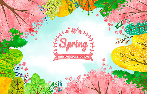 PSD 계절 꽃잎 백그라운드 일러스트 꽃나무 사람없음 라벨 봄 벚나무 낙화 울창 흩날리기 봄배경 국내일러스트 나무 꽃 모션 자연 프레임 벚꽃 파일형식