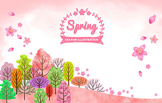 PSD 나무 계절 꽃잎 분홍색 백그라운드 일러스트 날리기 사람없음 라벨 봄 벚꽃 언덕 꽃비 낙화 봄배경 국내일러스트 식물 꽃 컬러 모션 프레임 파일형식