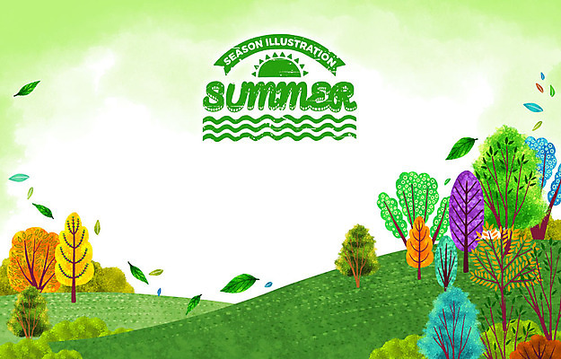 PSD 나무 계절 백그라운드 일러스트 날리기 나뭇잎 사람없음 초록색 여름 태양 라벨 언덕 울창 국내일러스트 자연요소 식물 컬러 잎 모션 자연 프레임 파일형식