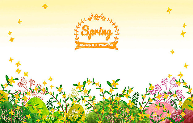 PSD 계절 백그라운드 일러스트 사람없음 라벨 봄 암석 풀잎 개나리 언덕 흩날리기 봄배경 국내일러스트 꽃 잎 모션 프레임 돌_바위 풀_식물 파일형식