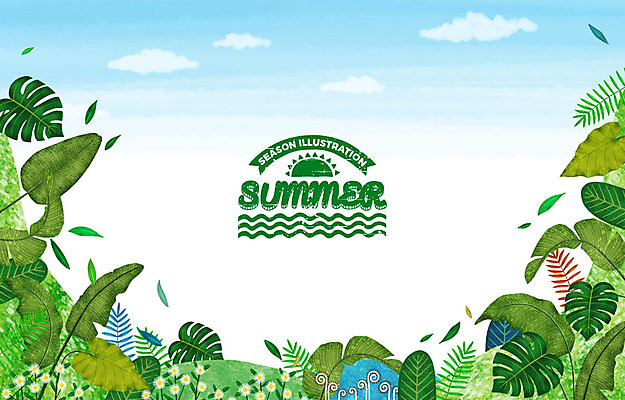 PSD 계절 백그라운드 일러스트 날리기 나뭇잎 사람없음 초록색 여름 태양 라벨 들꽃 언덕 열대잎 국내일러스트 자연요소 꽃 컬러 잎 모션 프레임 파일형식