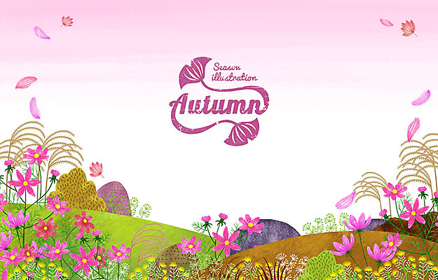 PSD 계절 백그라운드 단풍 일러스트 갈대 사람없음 라벨 들꽃 가을 암석 언덕 코스모스 은행잎 흩날리기 가을배경 국내일러스트 식물 꽃 잎 모션 프레임 돌_바위 파일형식 가을_계절