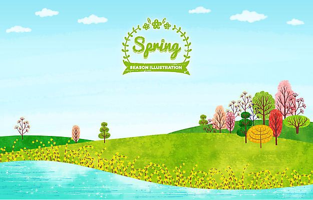 PSD 나무 구름 계절 호수 백그라운드 일러스트 하늘 잔디 초원 사람없음 라벨 봄 강가 개나리 언덕 봄배경 국내일러스트 자연요소 식물 꽃 프레임 강 파일형식