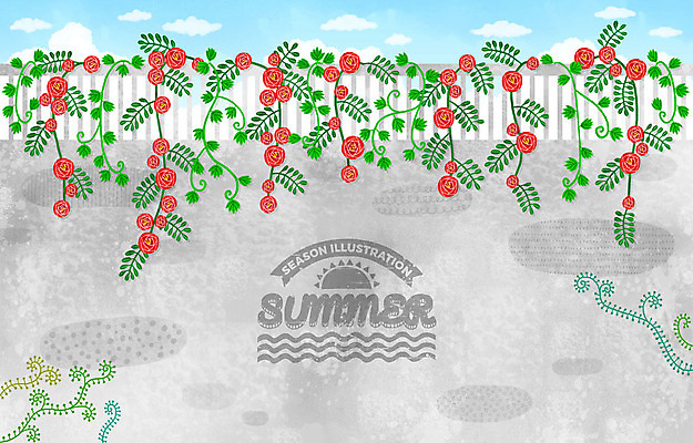 PSD 구름 계절 백그라운드 일러스트 하늘 사람없음 여름 담장 태양 장미 라벨 담쟁이덩굴 덩굴 덩굴장미 국내일러스트 자연요소 식물 꽃 프레임 파일형식