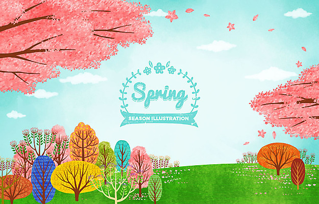 PSD 나무 구름 계절 꽃잎 백그라운드 일러스트 하늘 잔디 사람없음 라벨 봄 들꽃 벚꽃 벚나무 동산 꽃비 낙화 흩날리기 봄배경 국내일러스트 자연요소 식물 꽃 모션 프레임 파일형식