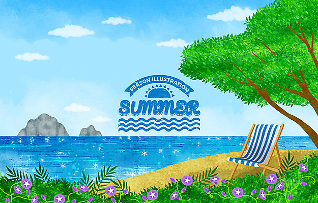 PSD 나무 구름 계절 바다 섬 백그라운드 일러스트 하늘 해변 사람없음 여름 빛 태양 라벨 선베드 나팔꽃 동산 눈부심 국내일러스트 자연요소 식물 꽃 의자 프레임 파일형식