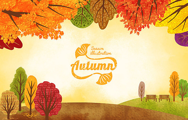 PSD 나무 계절 백그라운드 낙엽 벤치 일러스트 단풍나무 사람없음 컬러풀 라벨 가을 은행잎 동산 가을배경 국내일러스트 식물 컬러 단풍 잎 의자 프레임 파일형식 가을_계절