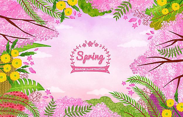 PSD 구름 계절 분홍색 백그라운드 일러스트 하늘 나뭇잎 꽃나무 사람없음 라벨 봄 벚꽃 풀잎 벚나무 봄배경 국내일러스트 자연요소 나무 꽃 컬러 잎 프레임 풀_식물 파일형식