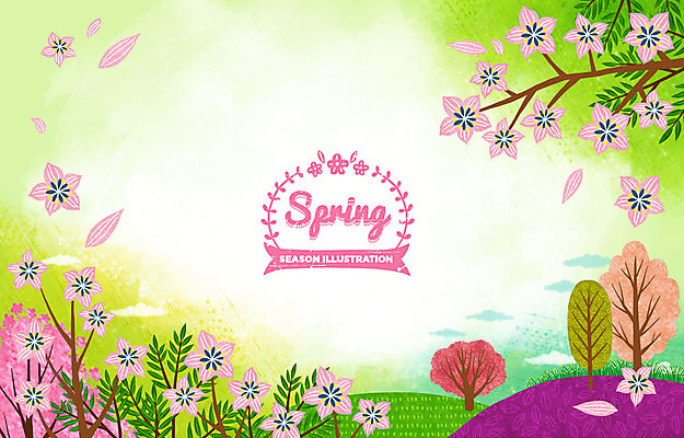 PSD 나무 계절 꽃잎 백그라운드 일러스트 사람없음 라벨 봄 벚꽃 풀잎 동산 꽃비 낙화 흩날리기 봄배경 국내일러스트 식물 꽃 잎 모션 프레임 풀_식물 파일형식