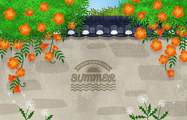 PSD 계절 꽃 백그라운드 일러스트 여름꽃 나뭇잎 기와 사람없음 여름 라벨 민들레 민들레홀씨 능소화 기와담장 국내일러스트 식물 잎 프레임 담장 파일형식 여름_계절