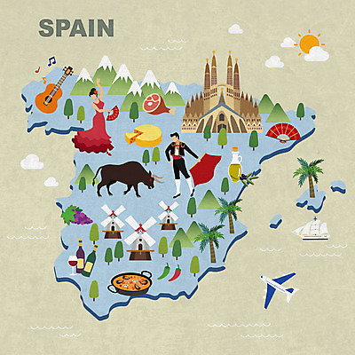 전신 여자 남자 여행 지도 일러스트 치즈 사람 성인 두명 관광지 풍차 춤 부채 스페인 황소 랜드마크 사그라다파밀리아 스페인무용 스페인문화 스페인전통의상 스페인지도 콘수에그라 투우사 플라멩코 파에야 국내일러스트 AI파일 직업 유럽 예술 문화예술 유제품 서양음식 성당 세계문화유산 소 전통의상 바르셀로나 유럽문화 파일형식 벡터