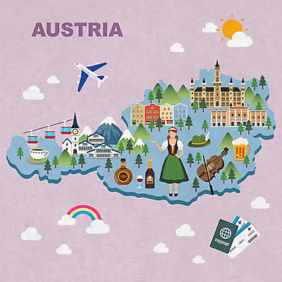 전신 여자 여행 지도 일러스트 생맥주 한명 사람 성인 관광지 오스트리아 전통의상 항공권 바이올린 여권 알프스 케이블카 던들 랜드마크 슈테판대성당 오스트리아문화 오스트리아지도 오페라극장 국내일러스트 AI파일 1 전통 유럽 현악기 맥주 성당 티켓 극장 서양문화 파일형식 벡터